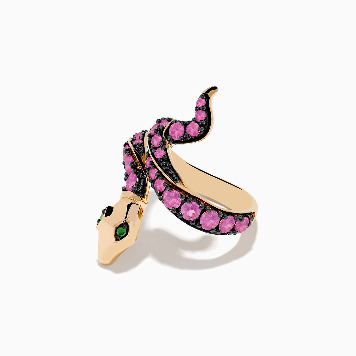 The Safari 14K Rose Gold Pink Sapphire and Tsavorite Snake Ring features an elegant coiled design with pink sapphires along the body and tsavorite gemstones for eyes, displayed on a plain white background.