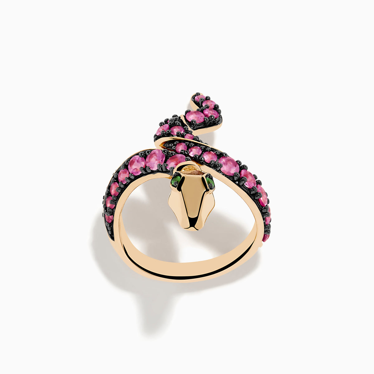 The Safari 14K Rose Gold Pink Sapphire and Tsavorite Snake Ring features an elegant coiled design with pink sapphires along the body and tsavorite gemstones for eyes, displayed on a plain white background.