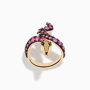 The Safari 14K Rose Gold Pink Sapphire and Tsavorite Snake Ring features an elegant coiled design with pink sapphires along the body and tsavorite gemstones for eyes, displayed on a plain white background.