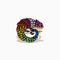 The Watercolors 14K Yellow Gold Black Diamond Multi Sapphire Chameleon Ring features a chameleon design with colorful gemstones, including black diamond and multi sapphire accents, set in sections across its body.