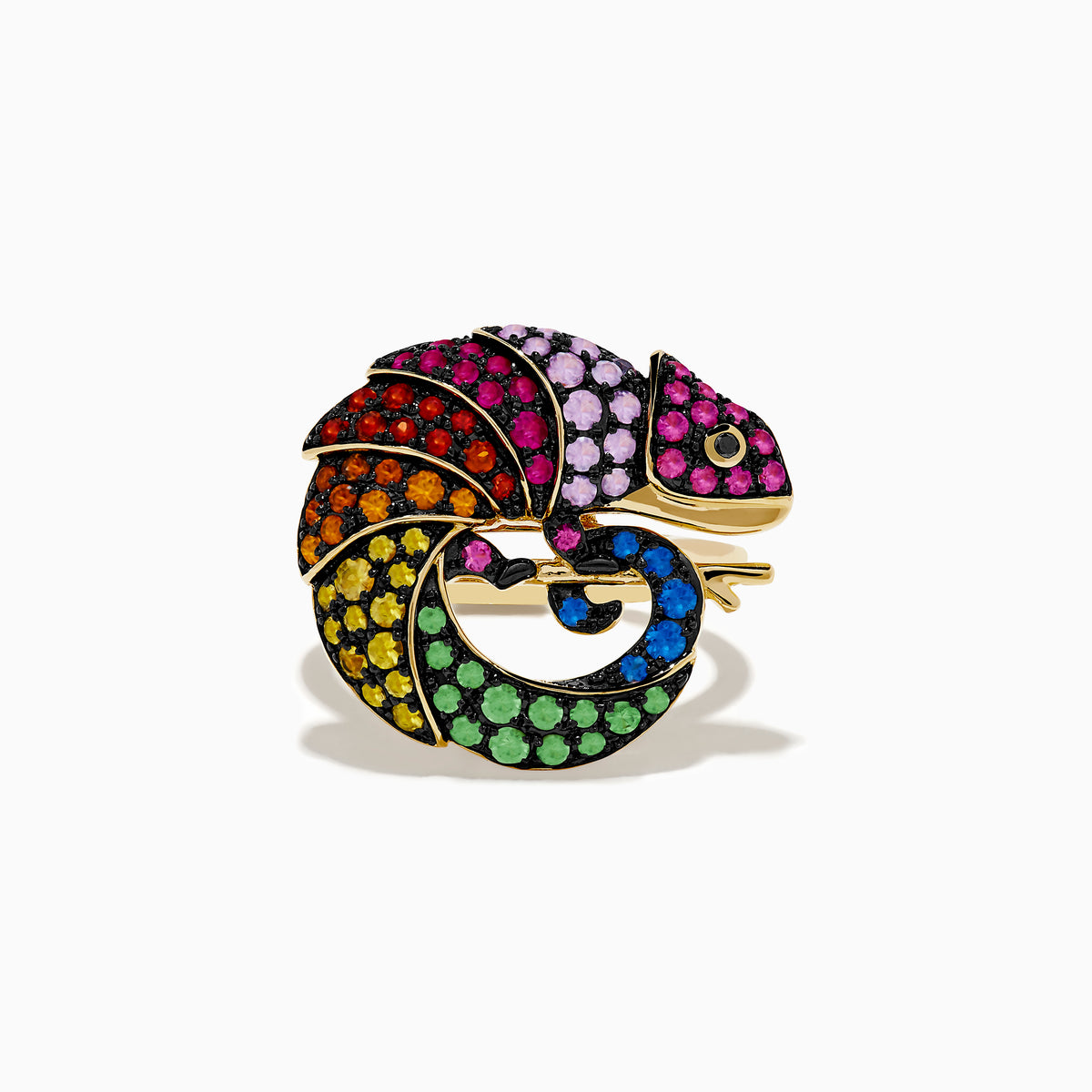 The Watercolors 14K Yellow Gold Black Diamond Multi Sapphire Chameleon Ring features a chameleon design with colorful gemstones, including black diamond and multi sapphire accents, set in sections across its body.