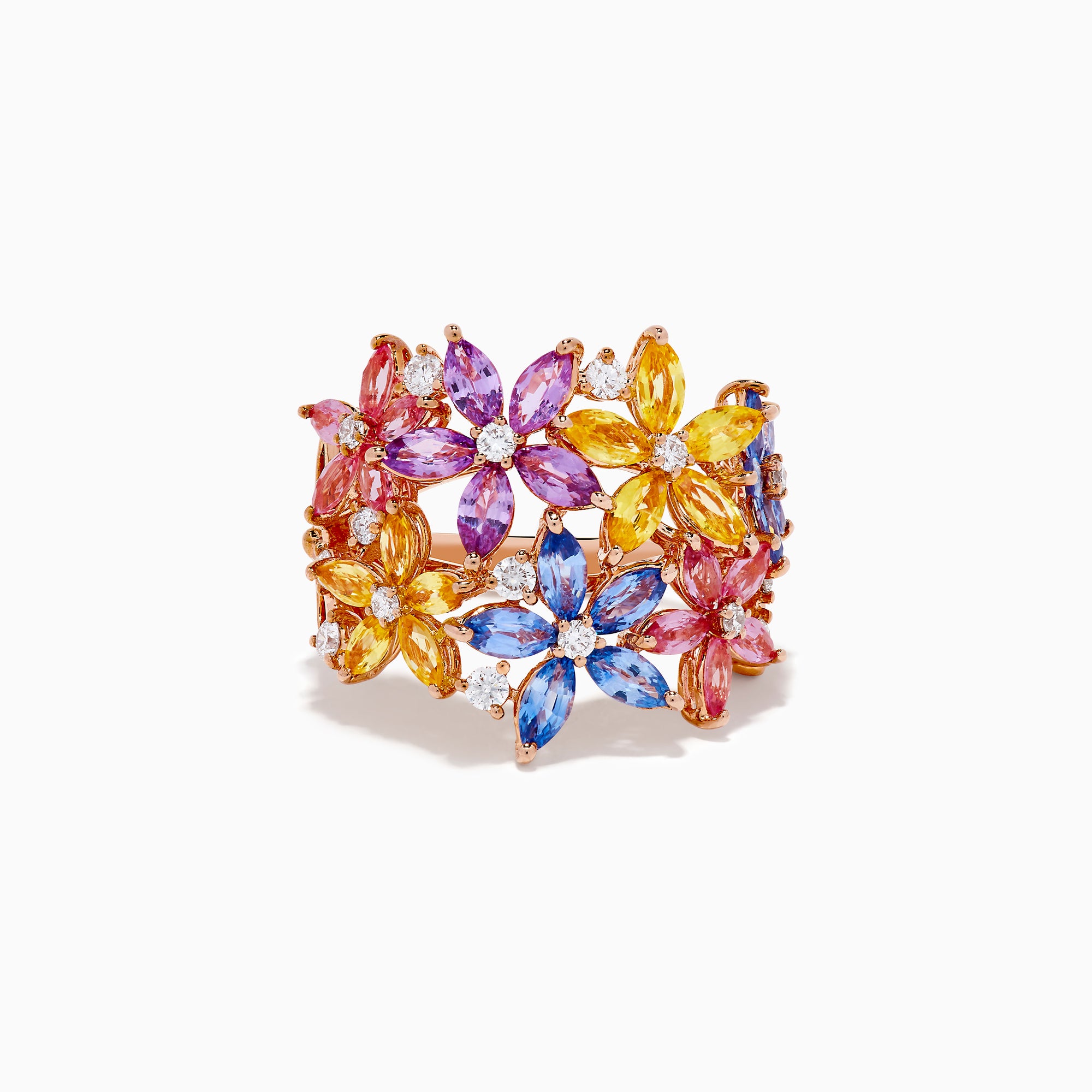 The Watercolors 14K Rose Gold Multi Sapphire and Diamond Flowers Ring showcases floral designs with blue, pink, yellow, and purple sapphires as petals, accented by small diamonds, set against a white background.