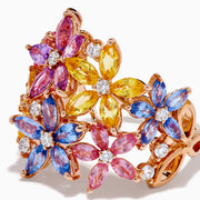 The Watercolors 14K Rose Gold Multi Sapphire and Diamond Flowers Ring showcases floral designs with blue, pink, yellow, and purple sapphires as petals, accented by small diamonds, set against a white background.