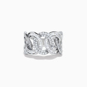 The 14K White Gold Diamond Interlocking Link Ring features a unique link chain design, set with sparkling diamonds, shown against a plain white background.