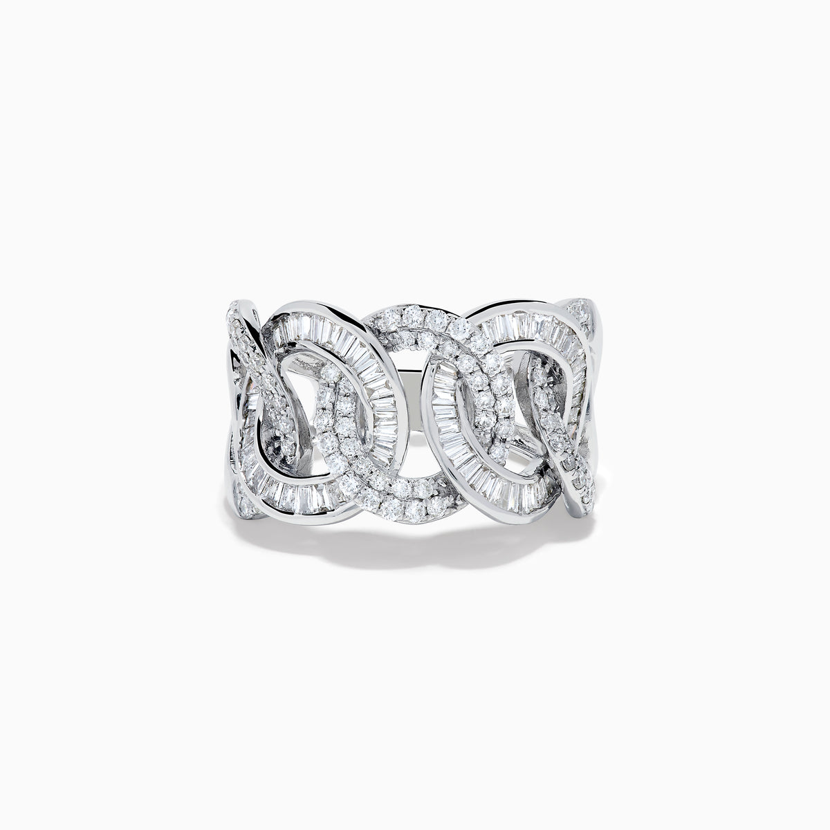 The 14K White Gold Diamond Interlocking Link Ring features a unique link chain design, set with sparkling diamonds, shown against a plain white background.