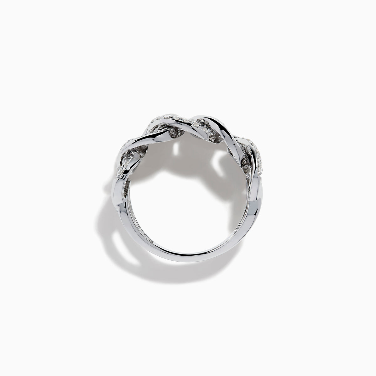 The 14K White Gold Diamond Interlocking Link Ring features a unique link chain design, set with sparkling diamonds, shown against a plain white background.