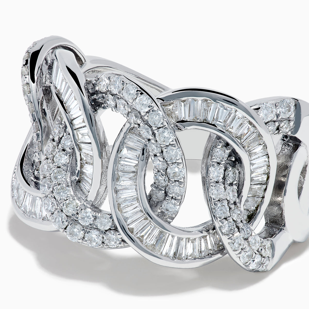 The 14K White Gold Diamond Interlocking Link Ring features a unique link chain design, set with sparkling diamonds, shown against a plain white background.