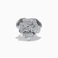 The 925 Sterling Silver Diamond Flower Ring features a blooming flower design with layered, gem-adorned petals, beautifully showcased against a plain white background.