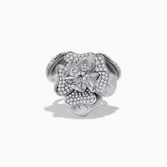 The 925 Sterling Silver Diamond Flower Ring features a blooming flower design with layered, gem-adorned petals, beautifully showcased against a plain white background.