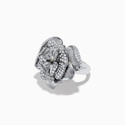 The 925 Sterling Silver Diamond Flower Ring features a blooming flower design with layered, gem-adorned petals, beautifully showcased against a plain white background.