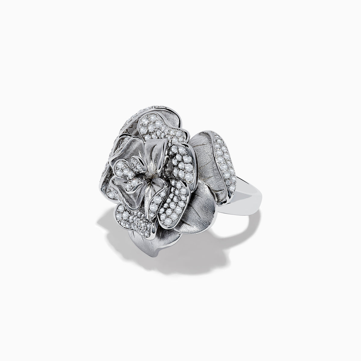 The 925 Sterling Silver Diamond Flower Ring features a blooming flower design with layered, gem-adorned petals, beautifully showcased against a plain white background.