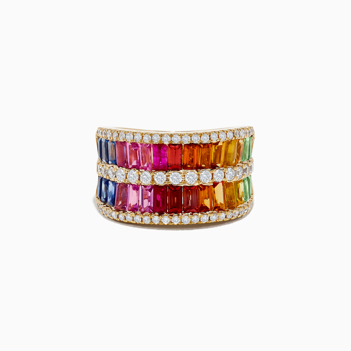 The Watercolors 14K Yellow Gold Multi Sapphire and Diamond Ring showcases three rows of rainbow-hued sapphires, bordered and separated by sparkling round diamonds.