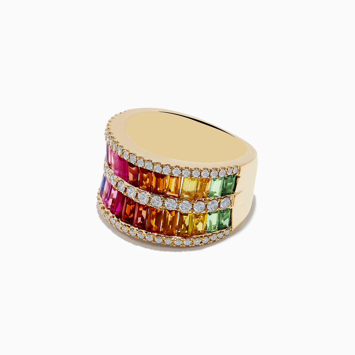 The Watercolors 14K Yellow Gold Multi Sapphire and Diamond Ring showcases three rows of rainbow-hued sapphires, bordered and separated by sparkling round diamonds.