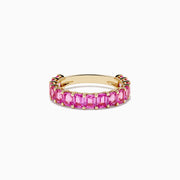 The 14k Yellow Gold Pink Sapphire Band Ring showcases a row of rectangular pink sapphires set around the band, presented on a white background.