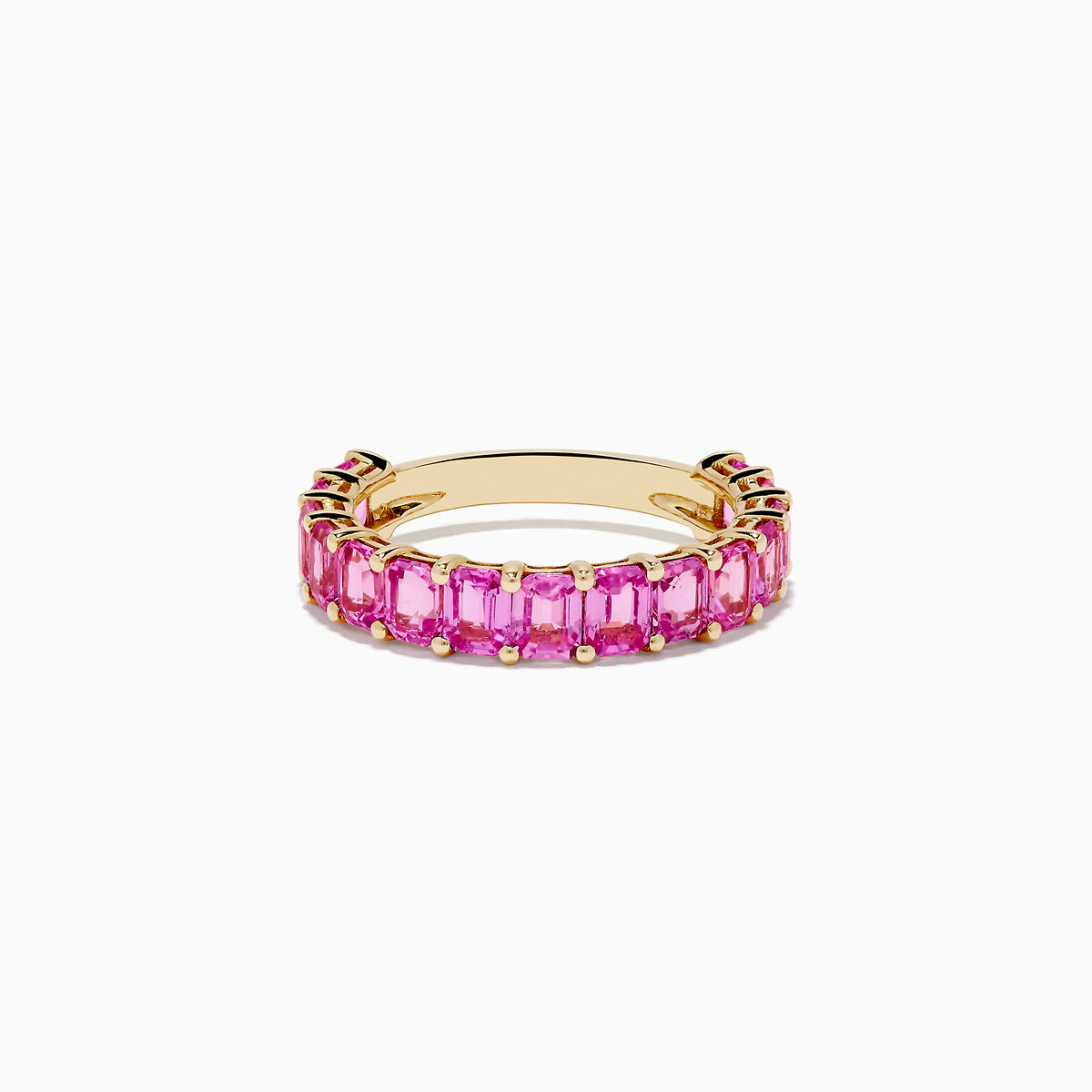 The 14k Yellow Gold Pink Sapphire Band Ring showcases a row of rectangular pink sapphires set around the band, presented on a white background.