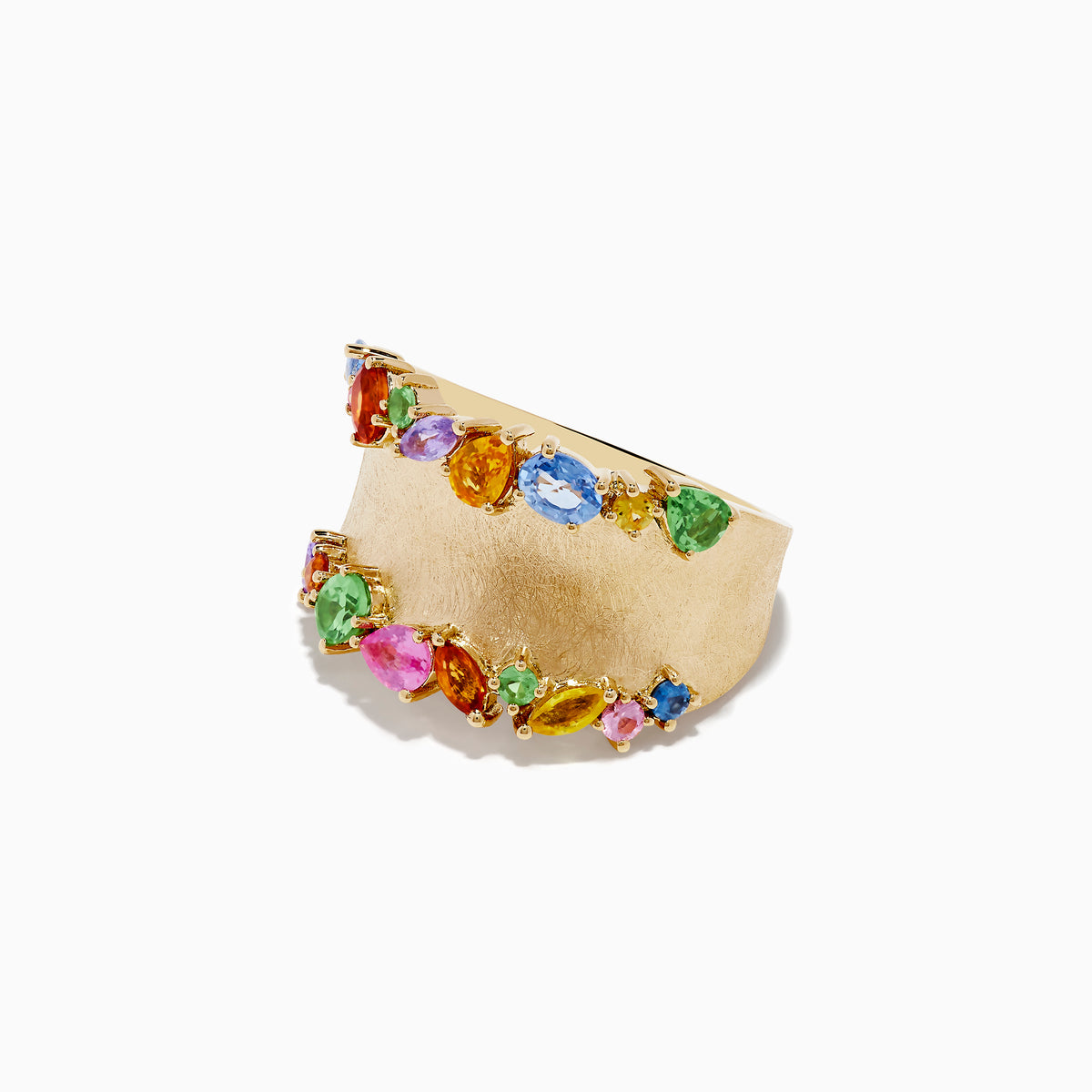 The Watercolors 14K Yellow Gold Multi Sapphire Ring features a wide matte gold band adorned with colorful oval and round sapphires set along the top and bottom edges.