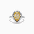 The Canare 14K Two-Tone Pear Shaped Double Halo Yellow Diamond Ring showcases a central clear diamond, haloed by yellow stones and white diamonds, set on a two-tone band accented with sparkling white diamonds.