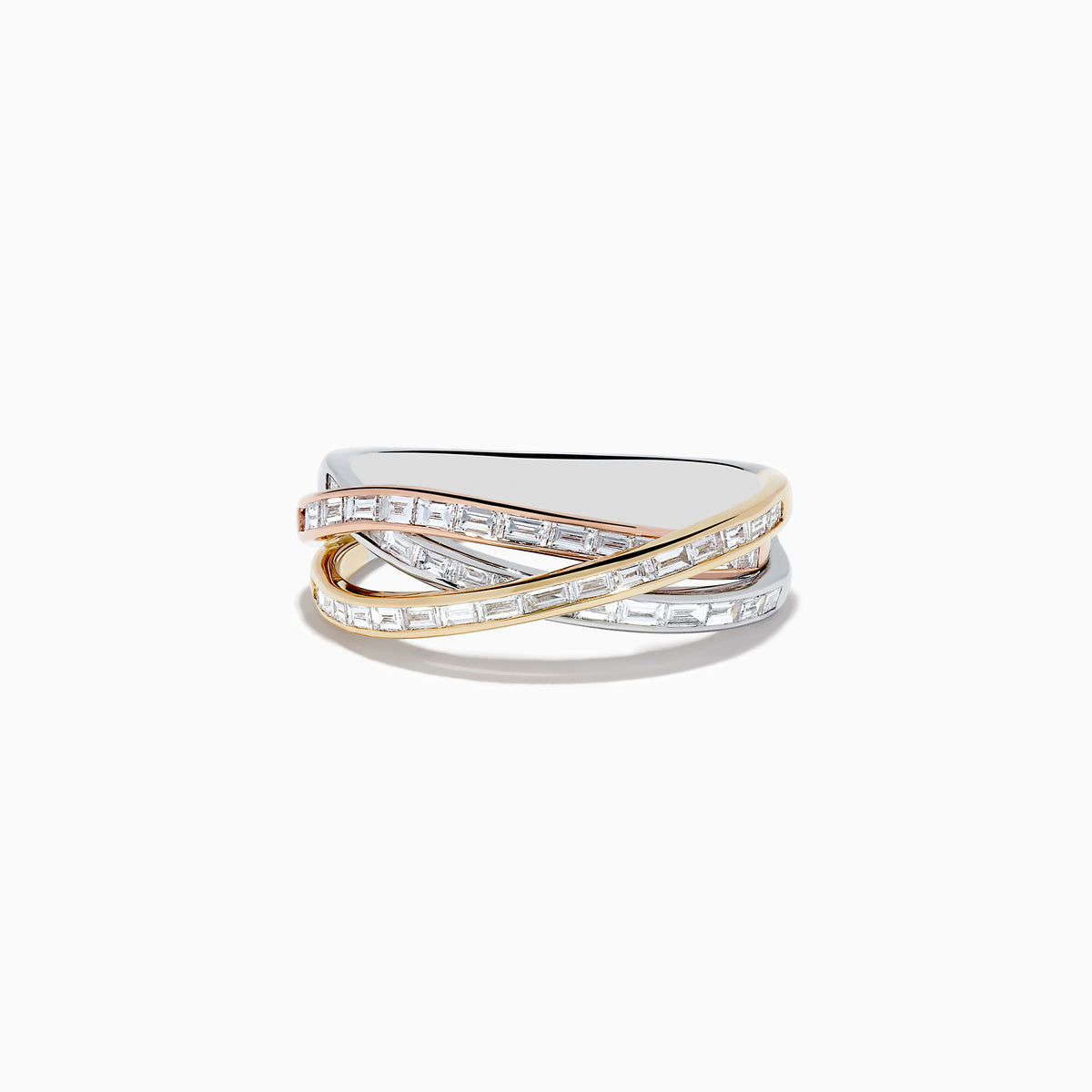 The Trio 14K Tri Color Gold Crossover Diamond Band features three intertwined bands in silver, gold, and rose gold, each set with rectangular-cut diamonds totaling 0.72 TCW, displayed on a plain white background.