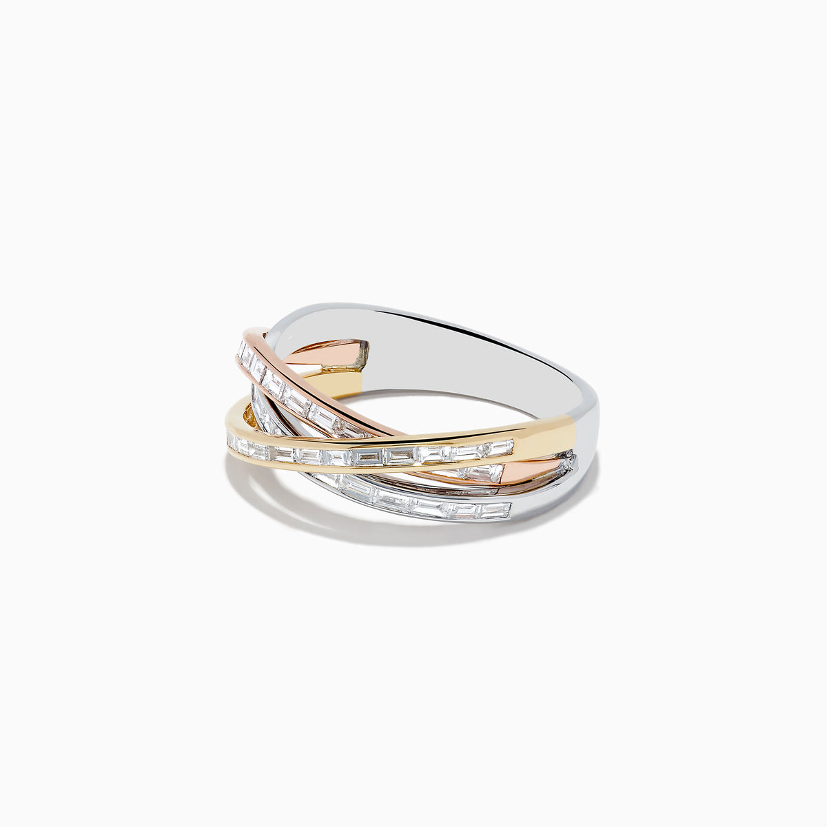 The Trio 14K Tri Color Gold Crossover Diamond Band features three intertwined bands in silver, gold, and rose gold, each set with rectangular-cut diamonds totaling 0.72 TCW, displayed on a plain white background.