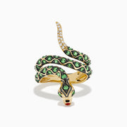 The 14K Yellow Gold Tsavorite and Diamond Snake Ring features a coiled snake design with tsavorites along its body, a red gemstone on its head, and diamonds accenting the tail.