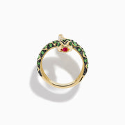 The 14K Yellow Gold Tsavorite and Diamond Snake Ring features a coiled snake design with tsavorites along its body, a red gemstone on its head, and diamonds accenting the tail.