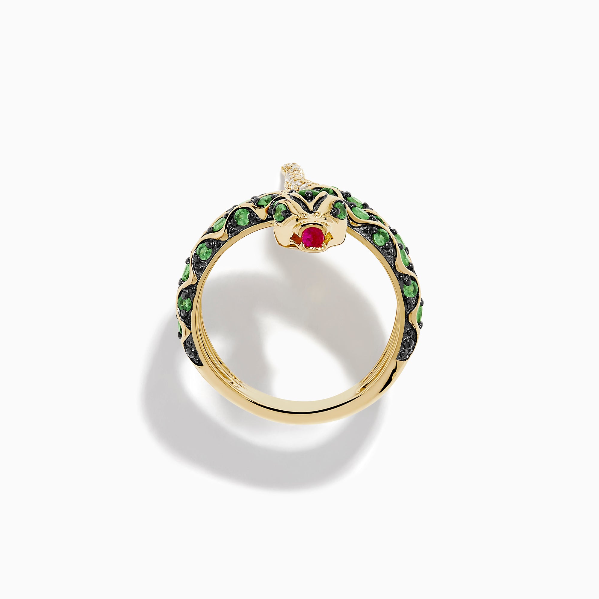 The 14K Yellow Gold Tsavorite and Diamond Snake Ring features a coiled snake design with tsavorites along its body, a red gemstone on its head, and diamonds accenting the tail.