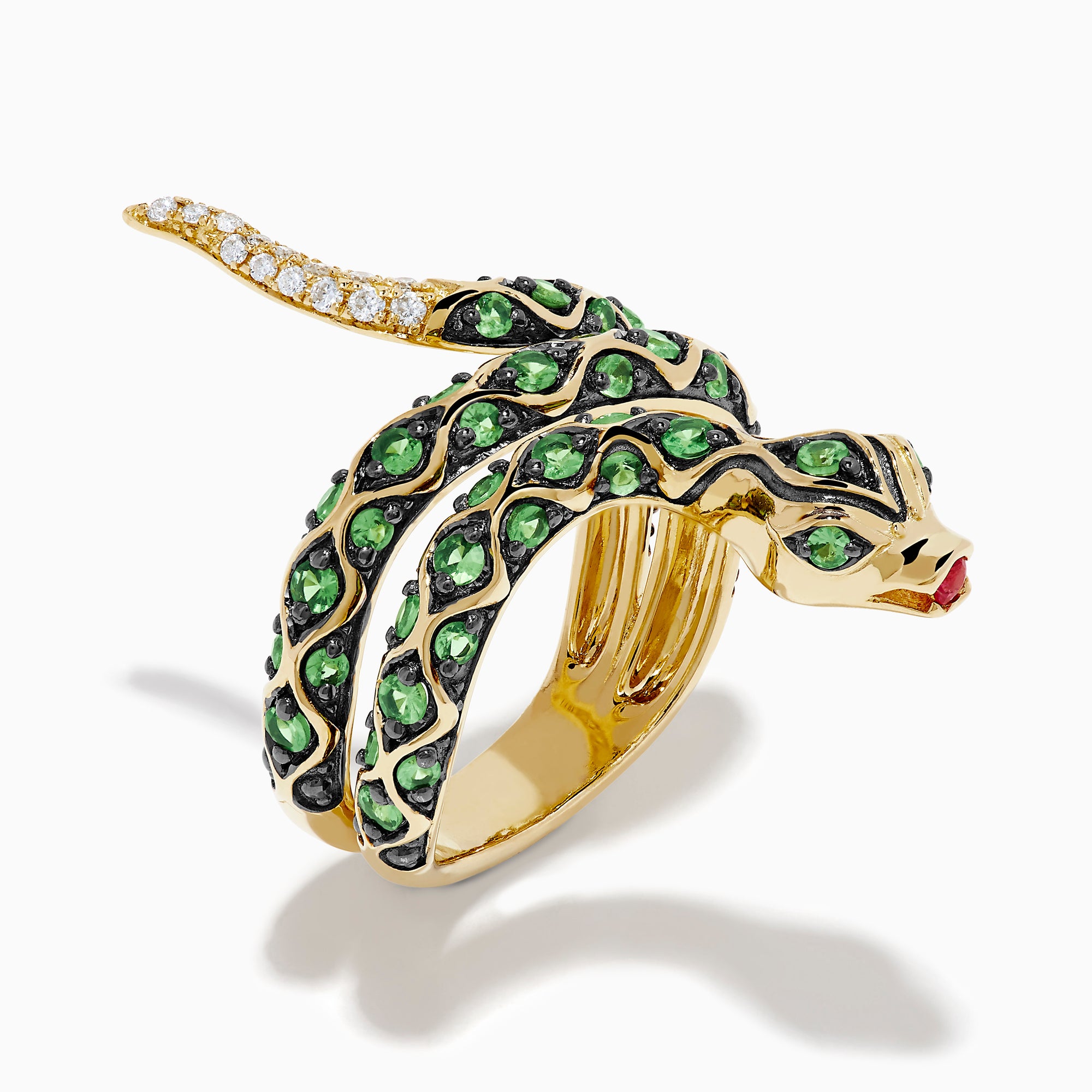 The 14K Yellow Gold Tsavorite and Diamond Snake Ring features a coiled snake design with tsavorites along its body, a red gemstone on its head, and diamonds accenting the tail.