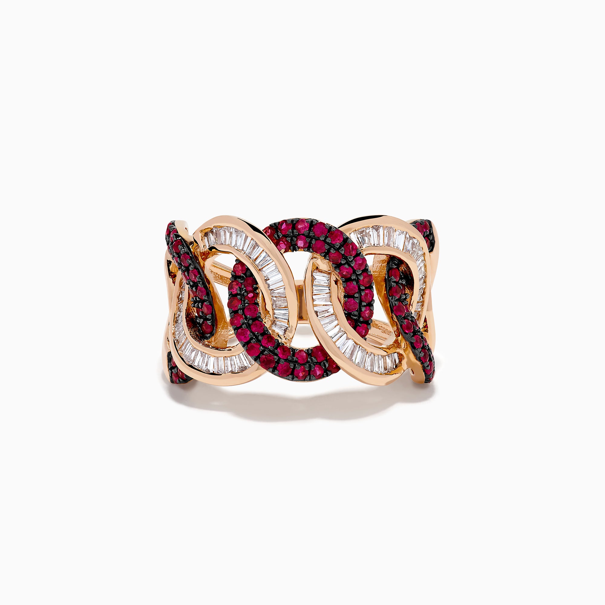 The 14K Rose Gold Ruby and Diamond Interlocking Link Ring features small round rubies and rectangular clear diamonds in an alternating pattern across the band.