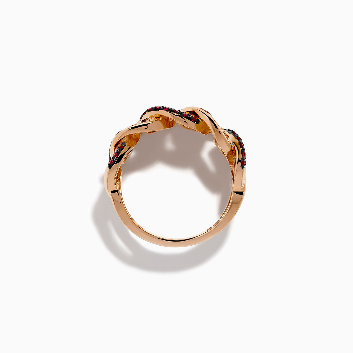 The 14K Rose Gold Ruby and Diamond Interlocking Link Ring features small round rubies and rectangular clear diamonds in an alternating pattern across the band.