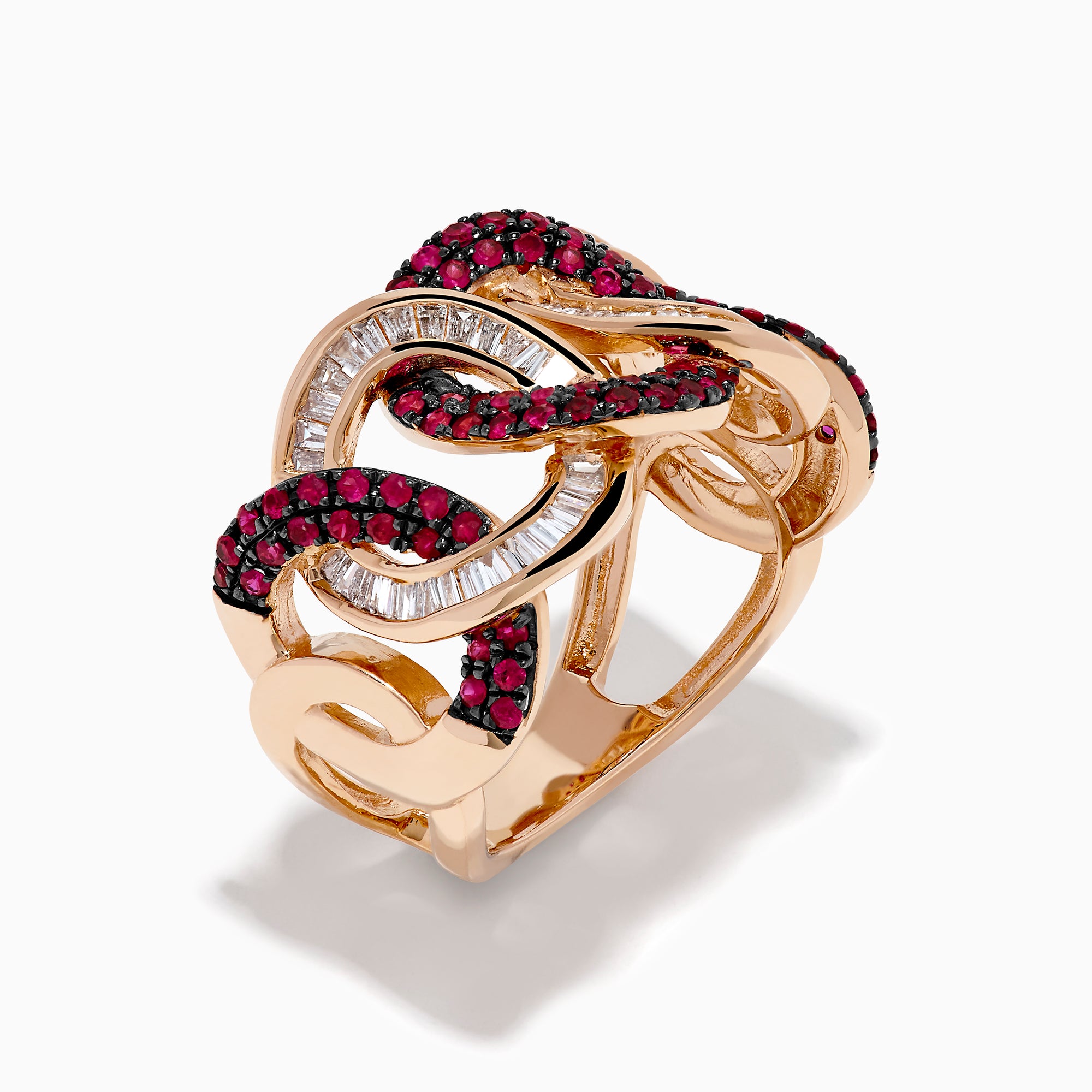 The 14K Rose Gold Ruby and Diamond Interlocking Link Ring features small round rubies and rectangular clear diamonds in an alternating pattern across the band.