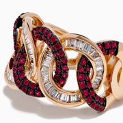 The 14K Rose Gold Ruby and Diamond Interlocking Link Ring features small round rubies and rectangular clear diamonds in an alternating pattern across the band.