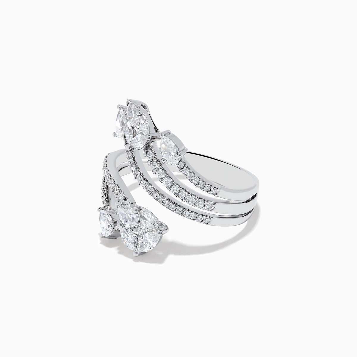 The Pave Classica 14k White Gold Open Shank Diamond Ring 1.0 TCW features four curved bands adorned with small and pear-shaped diamonds, elegantly set in white gold.