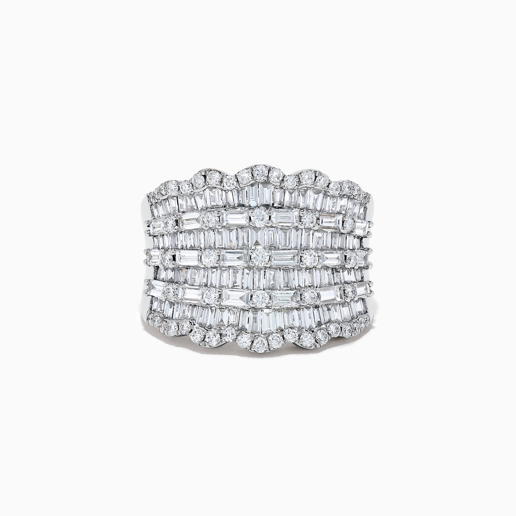 The Classique 14k White Gold Diamond Statement Ring 1.82 TCW features multiple rows of baguette and round diamonds set in a layered, scalloped design for a bold and elegant look.