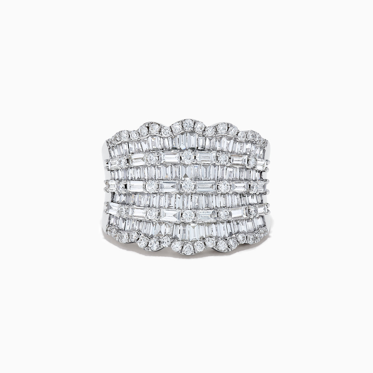 The Classique 14k White Gold Diamond Statement Ring 1.82 TCW features multiple rows of baguette and round diamonds set in a layered, scalloped design for a bold and elegant look.