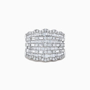 The Classique 14k White Gold Diamond Statement Ring 1.82 TCW features multiple rows of baguette and round diamonds set in a layered, scalloped design for a bold and elegant look.