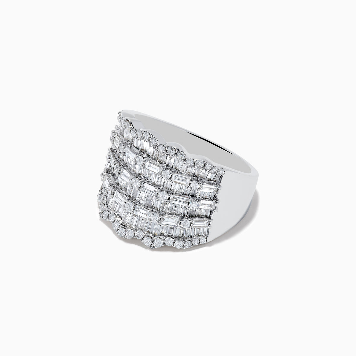 The Classique 14k White Gold Diamond Statement Ring 1.82 TCW features multiple rows of baguette and round diamonds set in a layered, scalloped design for a bold and elegant look.