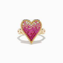 The Novelty 14K Yellow Gold Pink Sapphire and Diamond Heart Ring features a large heart-shaped design with pink sapphires and diamonds in a gradient pattern, set against a white background.