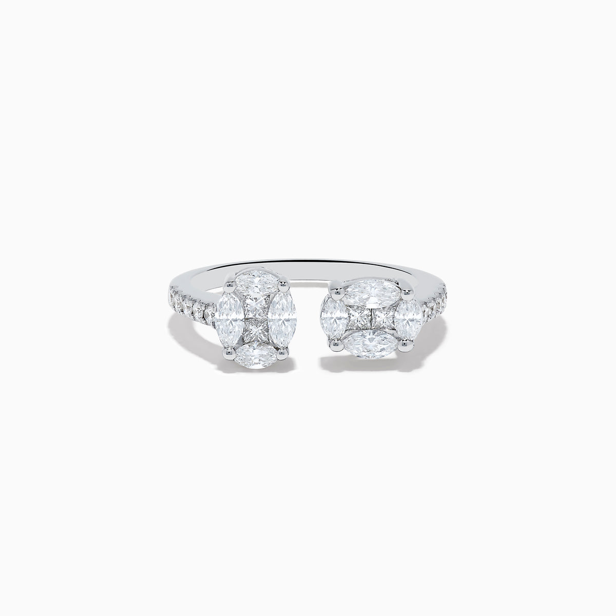 The Pave Classica 14K White Gold Open Shank Diamond Ring features oval and round-cut white diamonds in clustered settings, with a band accented by shimmering side diamonds for added elegance.