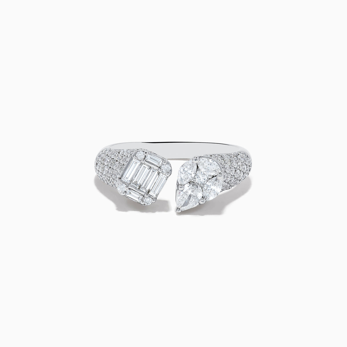 The Pave Classica 14k White Gold Open Shank Diamond Ring features an emerald-cut and a pear-shaped diamond at each open end, with round diamonds encrusted along the band. Total carat weight: 1.49.