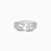 The Pave Classica 14k White Gold Open Shank Diamond Ring features an emerald-cut and a pear-shaped diamond at each open end, with round diamonds encrusted along the band. Total carat weight: 1.49.