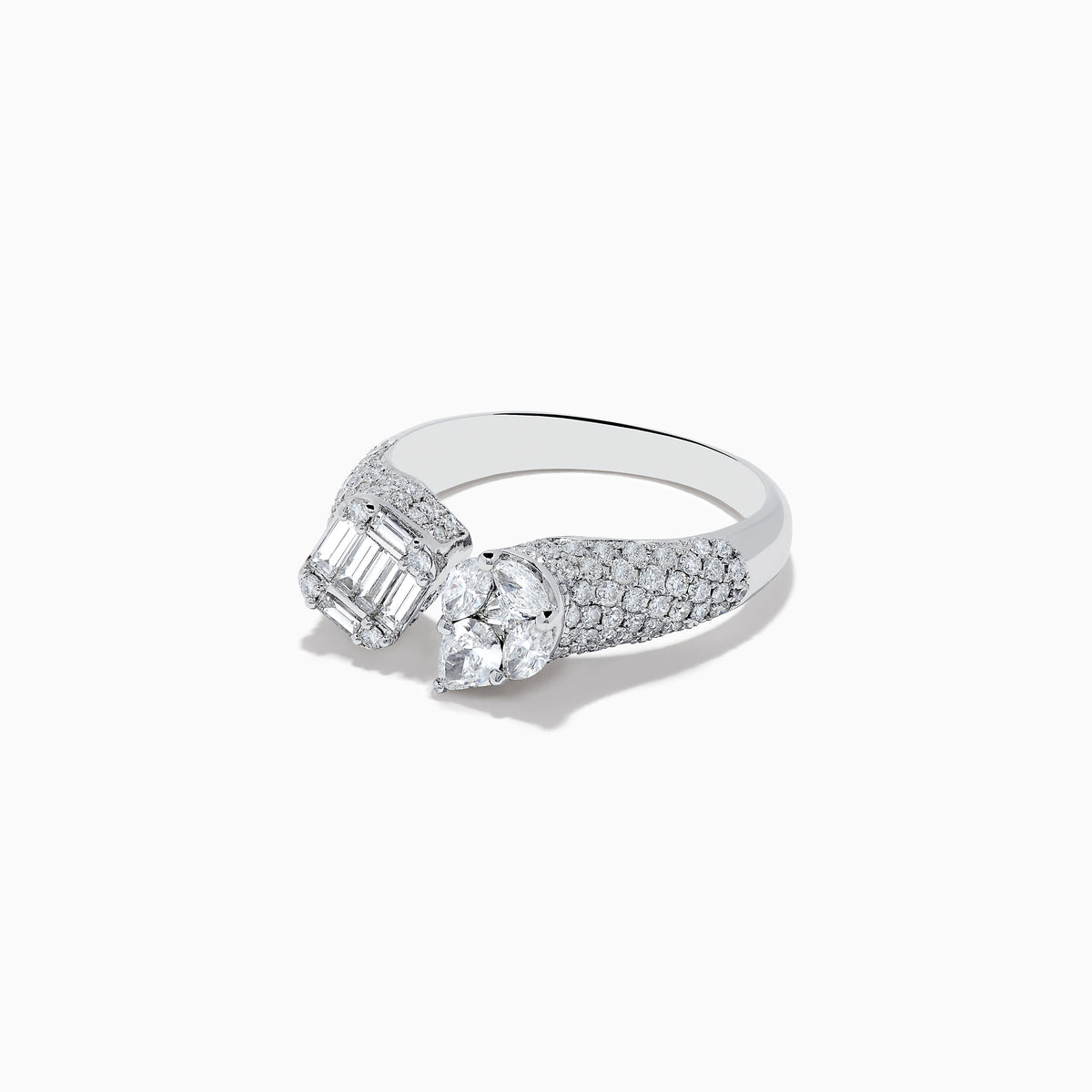 The Pave Classica 14k White Gold Open Shank Diamond Ring features an emerald-cut and a pear-shaped diamond at each open end, with round diamonds encrusted along the band. Total carat weight: 1.49.