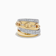 The Duo 14K 2-Tone Gold Anchor Chain Diamond Ring features interlocking links and two rows of round diamonds set in gold, offering a luxurious statement look.