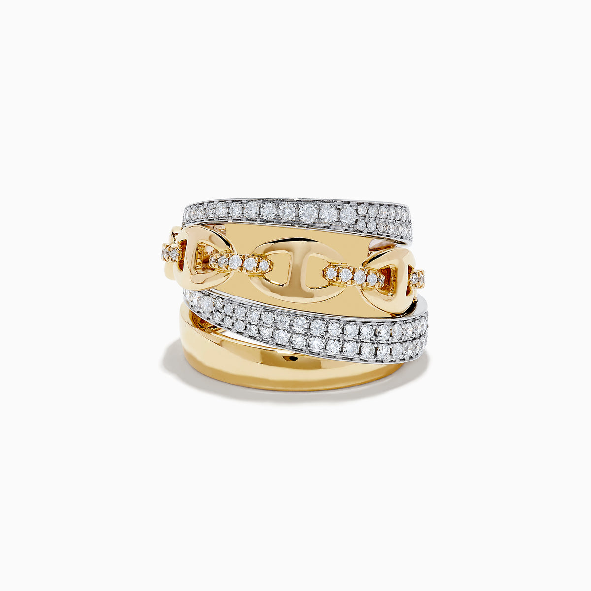The Duo 14K 2-Tone Gold Anchor Chain Diamond Ring features interlocking links and two rows of round diamonds set in gold, offering a luxurious statement look.