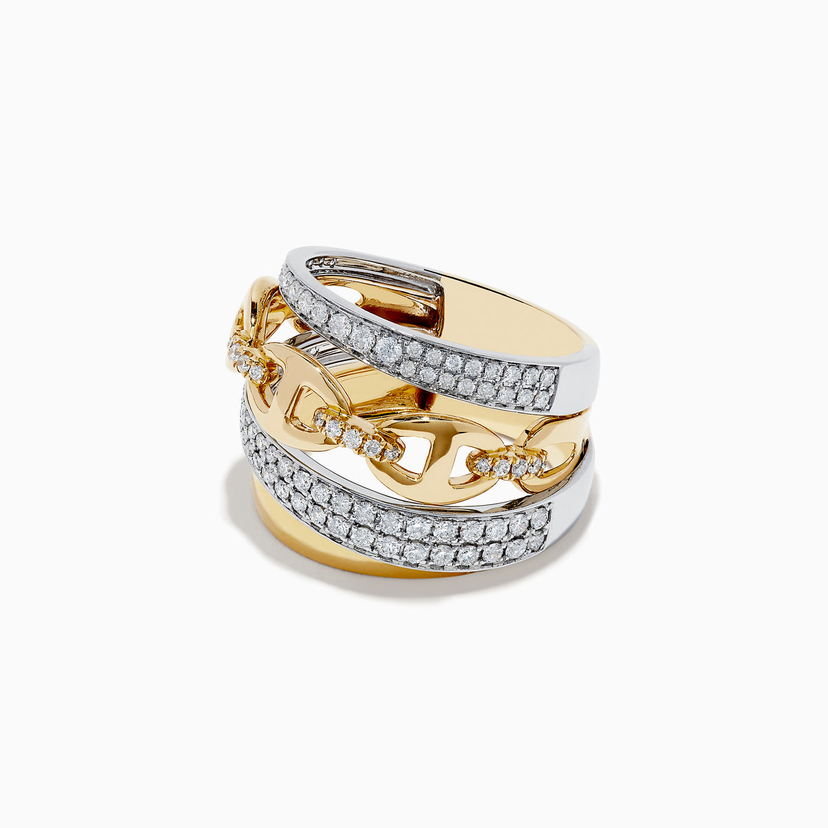 The Duo 14K 2-Tone Gold Anchor Chain Diamond Ring features interlocking links and two rows of round diamonds set in gold, offering a luxurious statement look.
