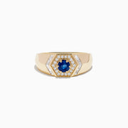 The Mens 14K Yellow Gold Blue Sapphire and Diamond Ring features a central round blue sapphire with diamond accents in a hexagonal setting, plus additional diamonds along the band.