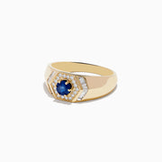 The Mens 14K Yellow Gold Blue Sapphire and Diamond Ring features a central round blue sapphire with diamond accents in a hexagonal setting, plus additional diamonds along the band.