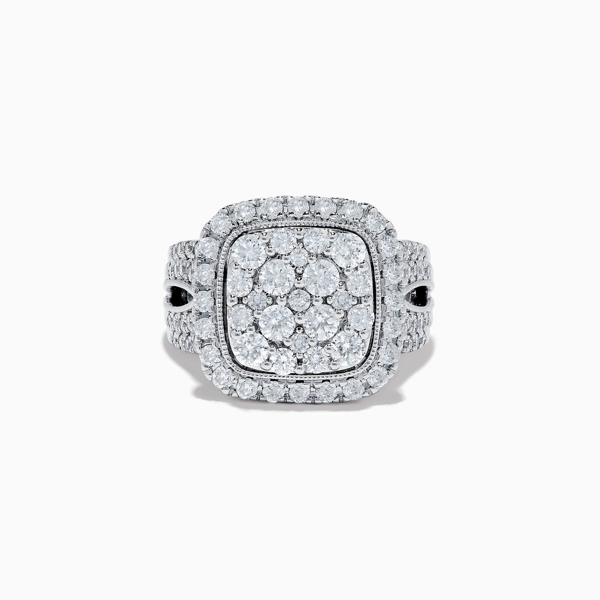 The Bouquet 14K White Gold Square Shaped Diamond Cluster Statement Ring dazzles with a central diamond cluster, double halo, and band-set diamonds, totaling 1.96 TCW for a bold, elegant look.