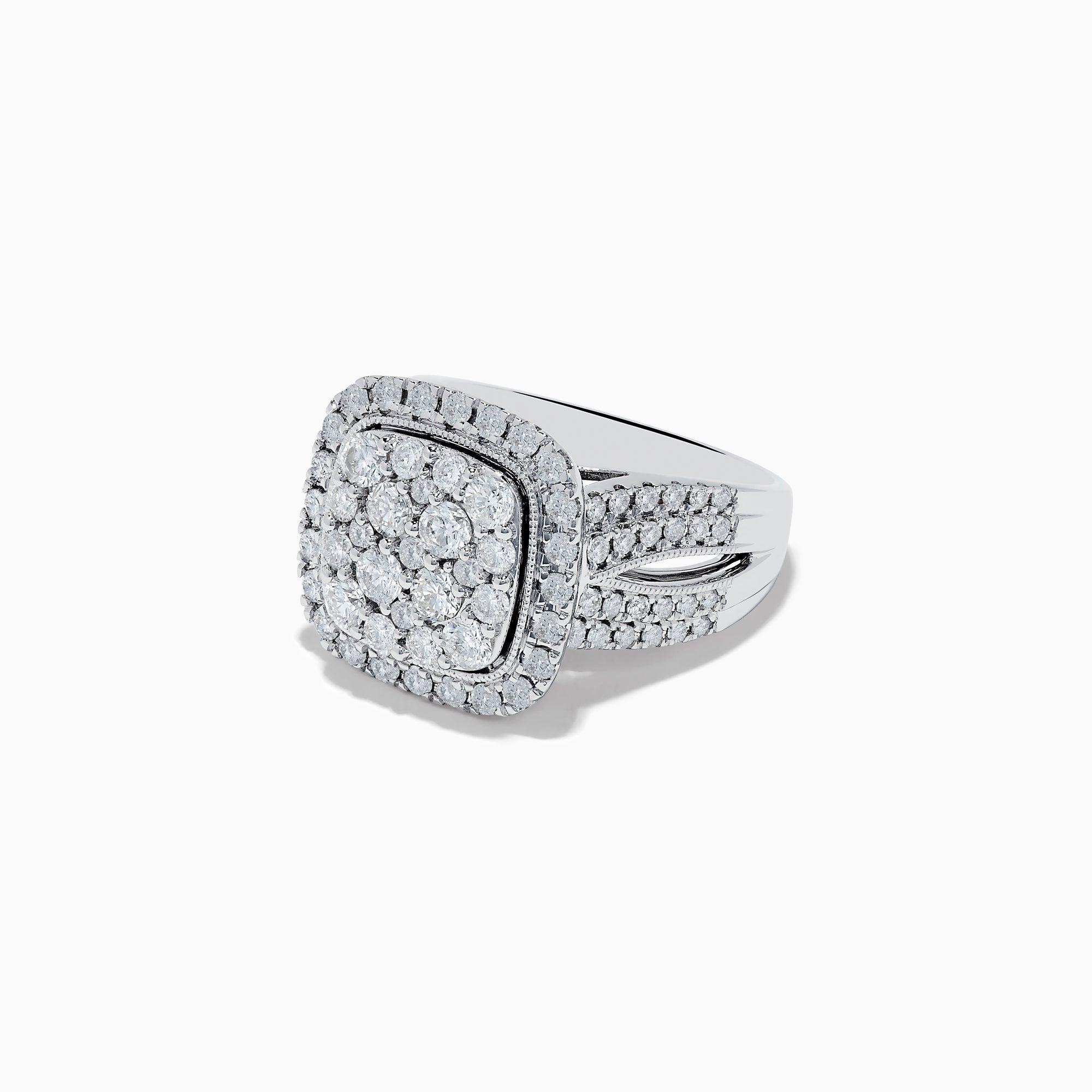 The Bouquet 14K White Gold Square Shaped Diamond Cluster Statement Ring dazzles with a central diamond cluster, double halo, and band-set diamonds, totaling 1.96 TCW for a bold, elegant look.