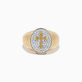 Introducing the Men's 14K Yellow Gold Diamond Cross Signet Ring—a sophisticated men's signet ring crafted from 14K yellow gold, showcasing an oval face with a bold cross cutout over a surface set with sparkling small diamonds. This elegant piece makes a striking statement of style and faith.