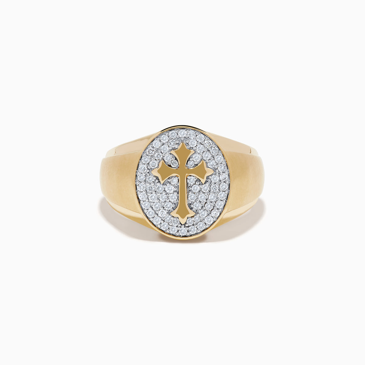 Introducing the Men's 14K Yellow Gold Diamond Cross Signet Ring—a sophisticated men's signet ring crafted from 14K yellow gold, showcasing an oval face with a bold cross cutout over a surface set with sparkling small diamonds. This elegant piece makes a striking statement of style and faith.